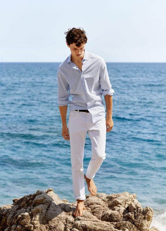 White Denim Shirt, Beach Attires Ideas With White Casual Trouser, Summer Beach Outfits Men: 