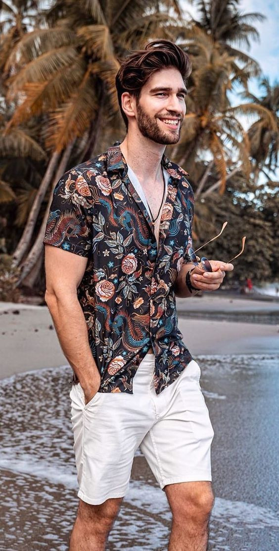 Shirt, Beach Outfits With White Casual Trouser, Hawaiian Outfit Men: 