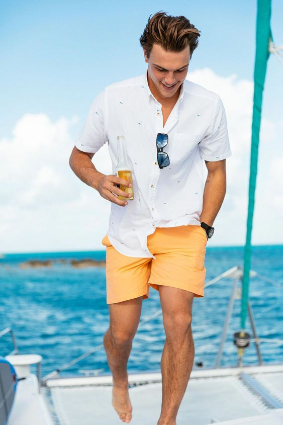 White Shirt, Beach Outfits Ideas With Yellow Beach Pant, Men's Vacation Shorts: 