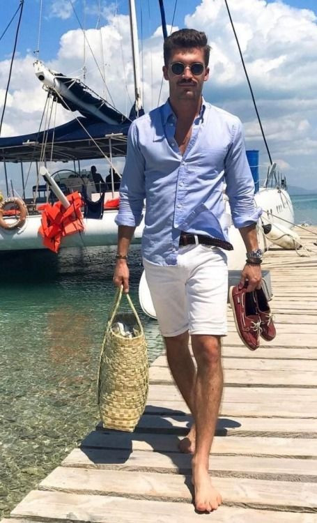 Light Blue Shirt, Beach Fashion Tips With White Denim Short, Vacation Outfit: 