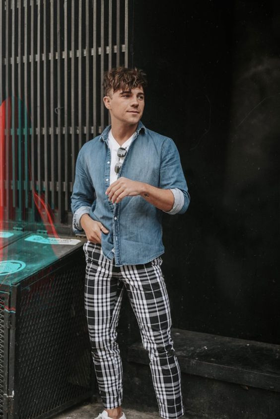 Black Formal Trouser, Plaid Pants Wardrobe Ideas With Light Blue Denim Shirt, Denim Shirt And Plaid Pants: 