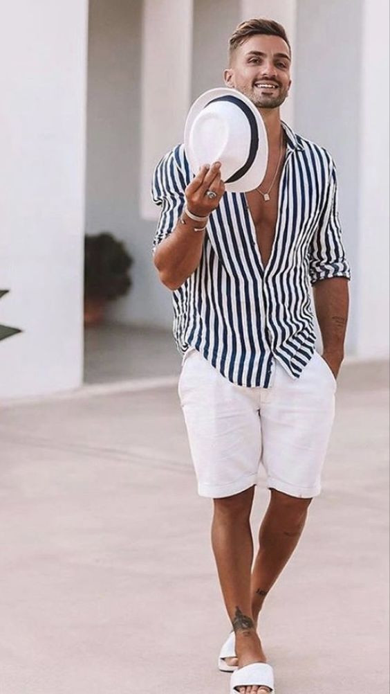 Shirt, Beach Outfit Trends With White Swim Short, Beach Outfits For Men Striped Shirt: 