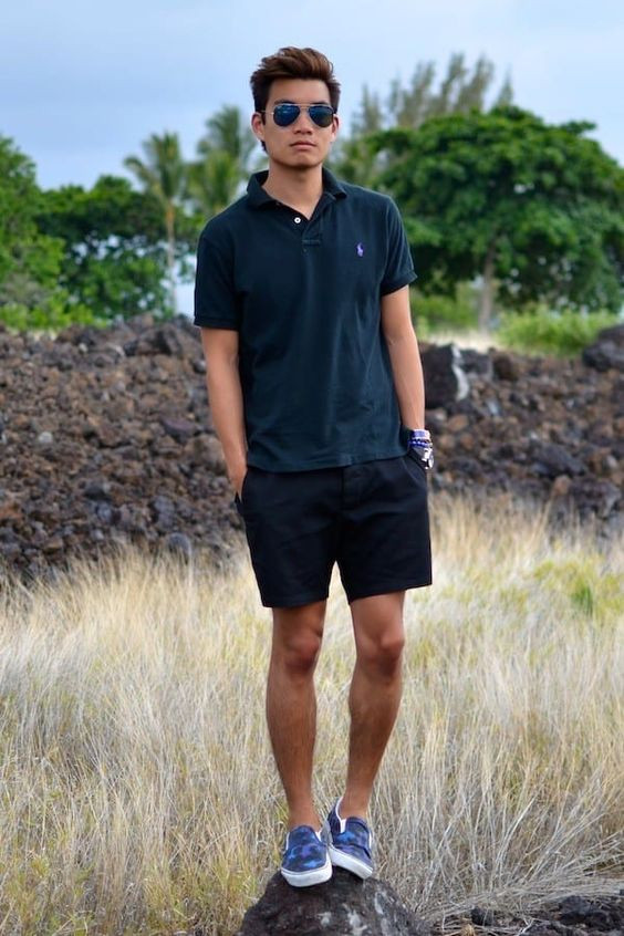 Dark Blue And Navy T-shirt, Men's Summer Outfits With Black Denim Short, Wear Polo Shirts With Shorts: 