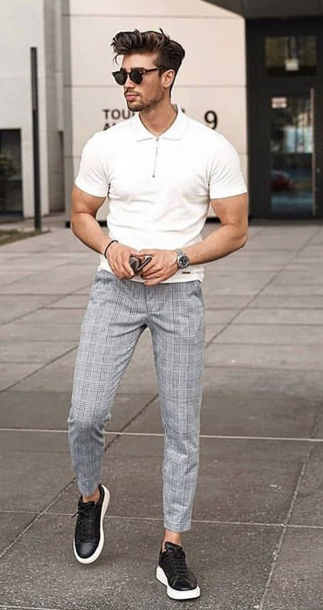 Grey Formal Trouser, Plaid Pants Fashion Wear With White Polo-shirt, Best Tartan Pants Outfit Men: 