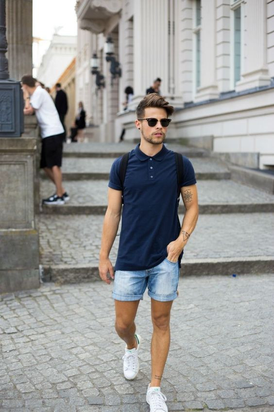 Dark Blue And Navy Polo-shirt, Men's Summer Ideas With Light Blue Denim Short, Outfit Short Hombre: 