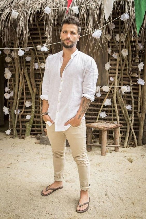 White Shirt, Beach Fashion Trends With Beige Jeans, Men's New Year's Look: 
