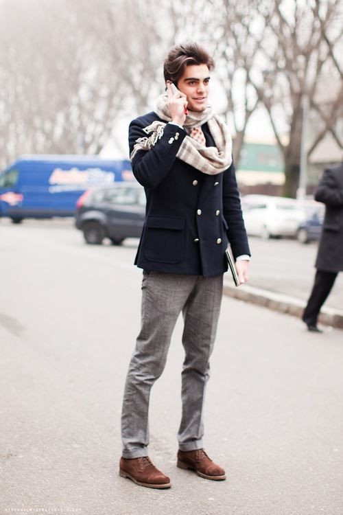 Dark Blue And Navy Suit Jackets Tuxedo, Scarf Outfit Trends With Grey Casual Trouser, Men's Scarf Outfits: 