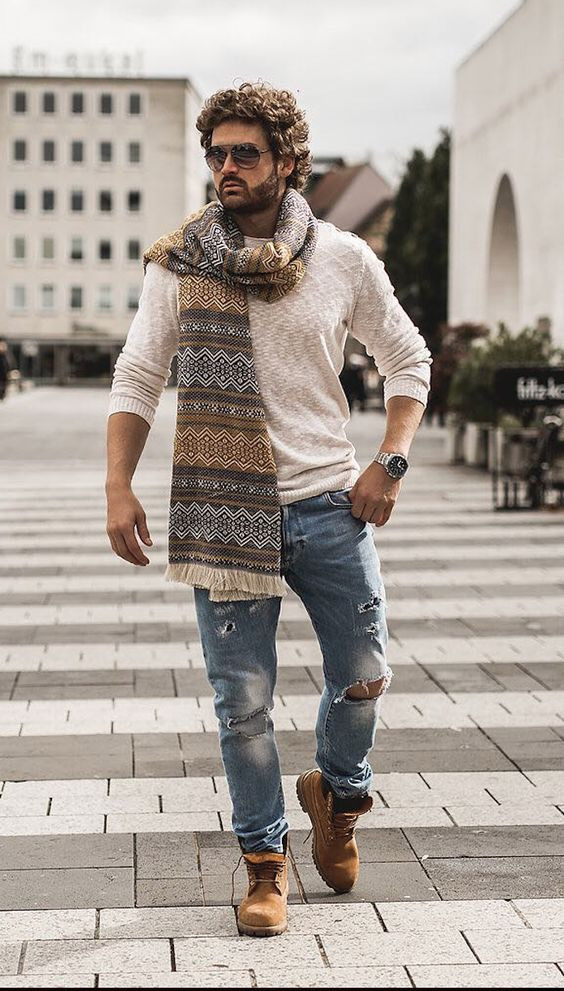 Beige Sweater, Scarf Outfit Trends With Light Blue Casual Trouser, Bohemian Style Men: 