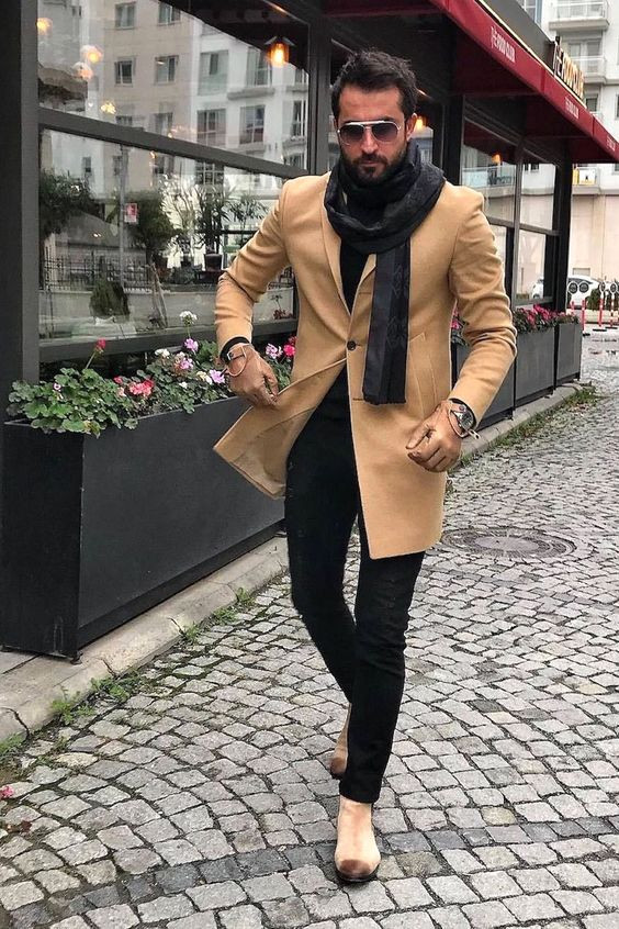 Beige Winter Coat, Scarf Fashion Tips With Black Jeans, Men's Elegant Clothing: 