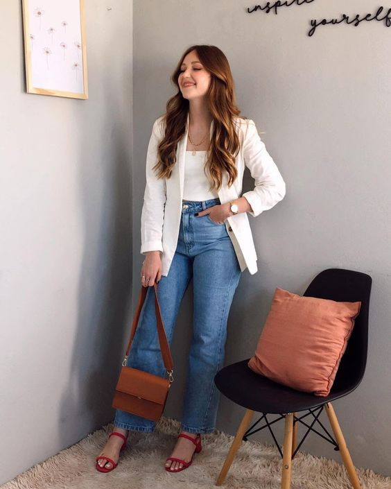 You could totally brighten up any day just like she does in that crisp outfit!: Jeans  